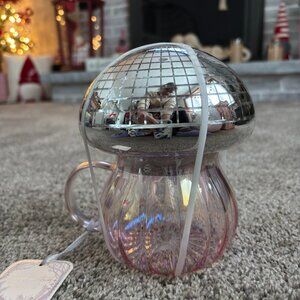 Pink Mushroom Mirrored Iridescent Enchanted Forrest Glass Mug & Lid 19fl oz.